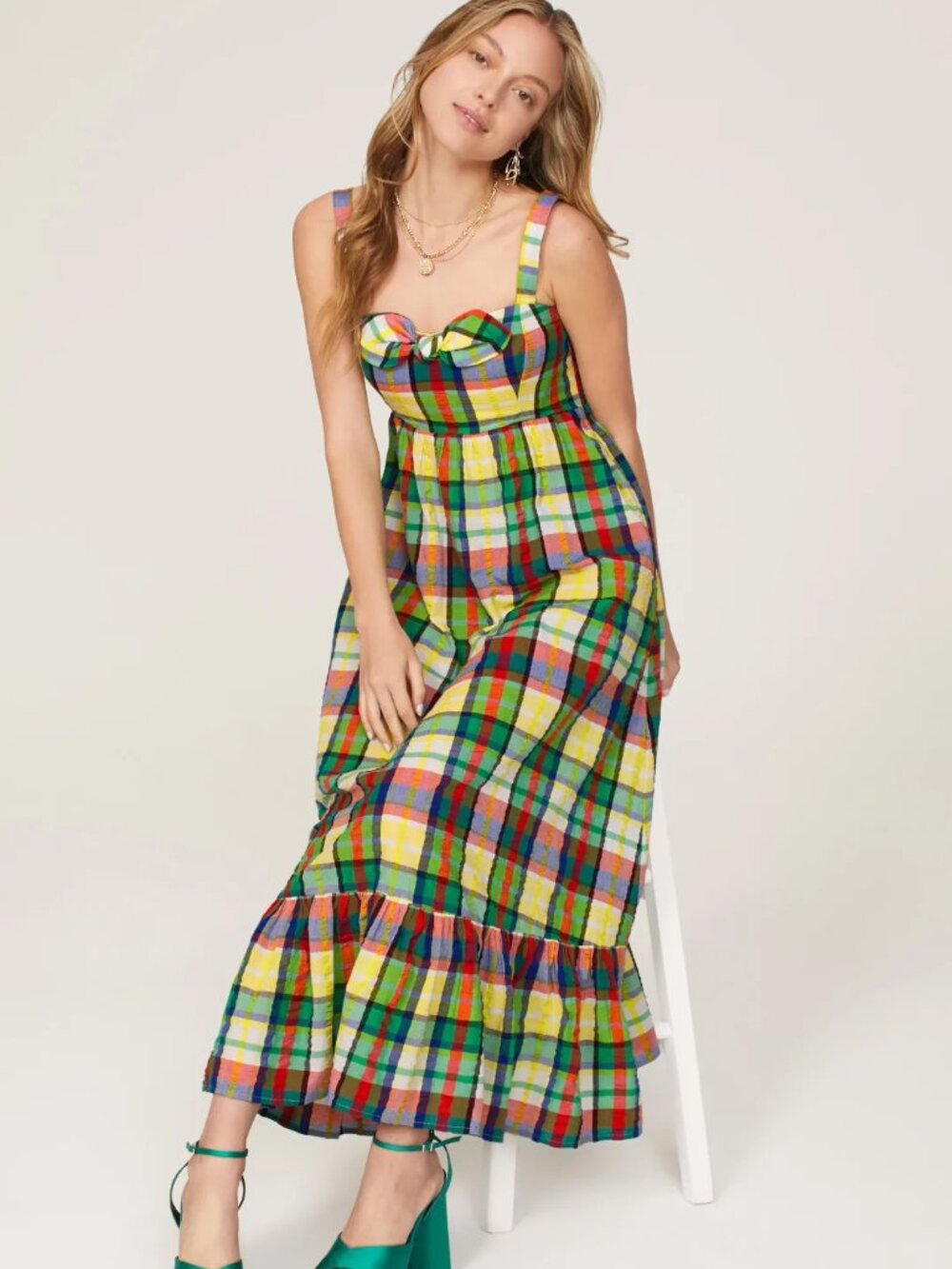 Kate Spade Coastal Plaid Bow Maxi Dress Seersucker Corset top Sundress Midi 6 - Picture 2 of 12